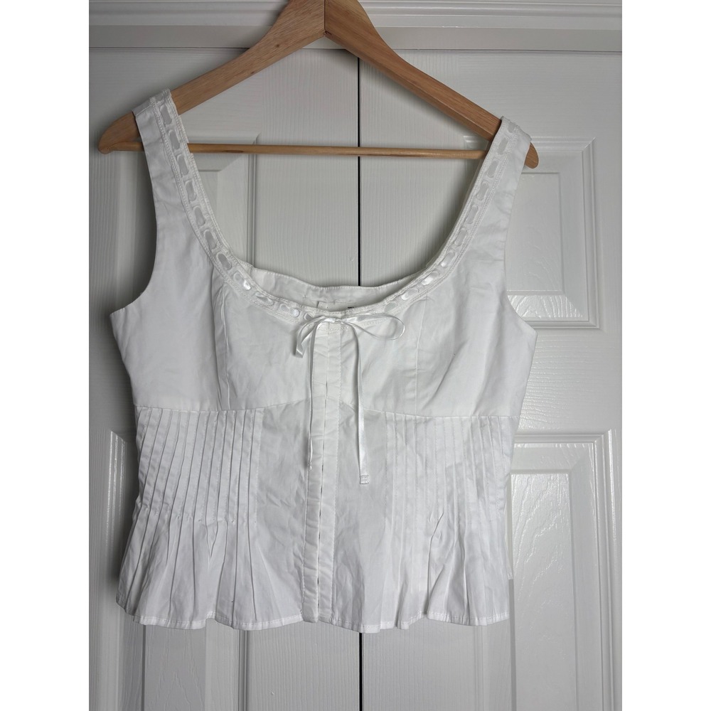 Nia White Cotton Corset Tank Top Pintuck Ribbon Tie Milkmaid Medium